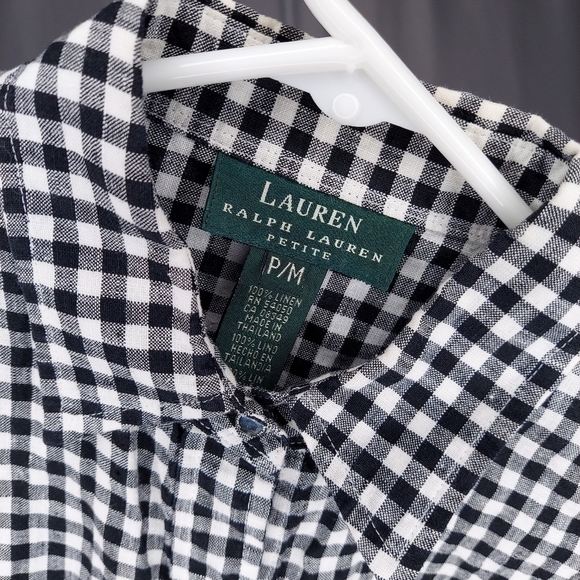 Lauren Ralph Lauren Linen Snap Button Shirt Petite MP Collared Gingham Roll Tab - Picture 3 of 8
